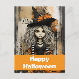 Cartão Postal bruxa de Halloween com abóboras