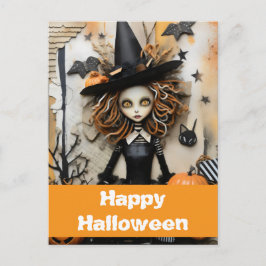 Cartão Postal bruxa de Halloween com abóboras