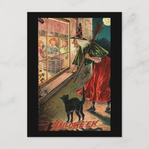 Cartão Postal Bruxa de Halloween com Gato