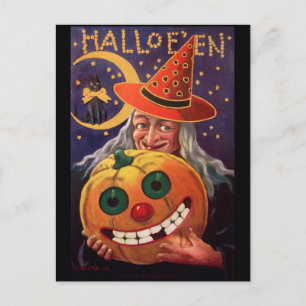 Cartão Postal Bruxa de Halloween com Pumpkin Engraçado
