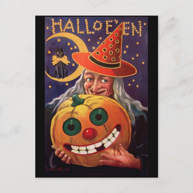 Cartão Postal Bruxa de Halloween com Pumpkin Engraçado (Frente)