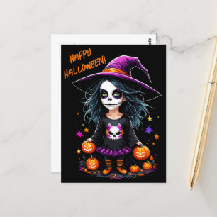 Cartão Postal Bruxa de Halloween de Kawaii, um Adorável e Bonito