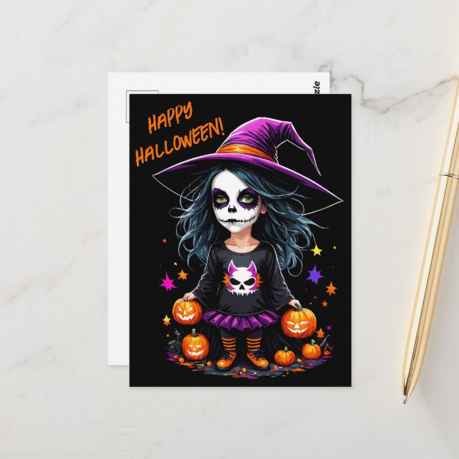 Cartão Postal Bruxa de Halloween de Kawaii, um Adorável e Bonito (Frente/Verso In Situ)