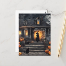 Cartão Postal Bruxa de Halloween e Casa Assombrada