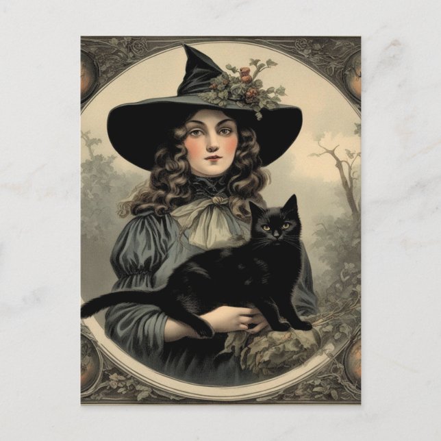 Cartão Postal Bruxa de Halloween e Gato Negro (Frente)
