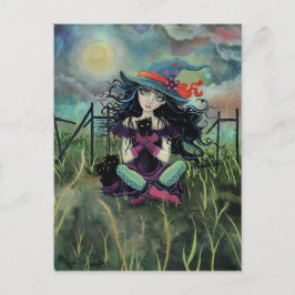 Cartão Postal Bruxa de Halloween e Gatos Pretos Arte Fantasia