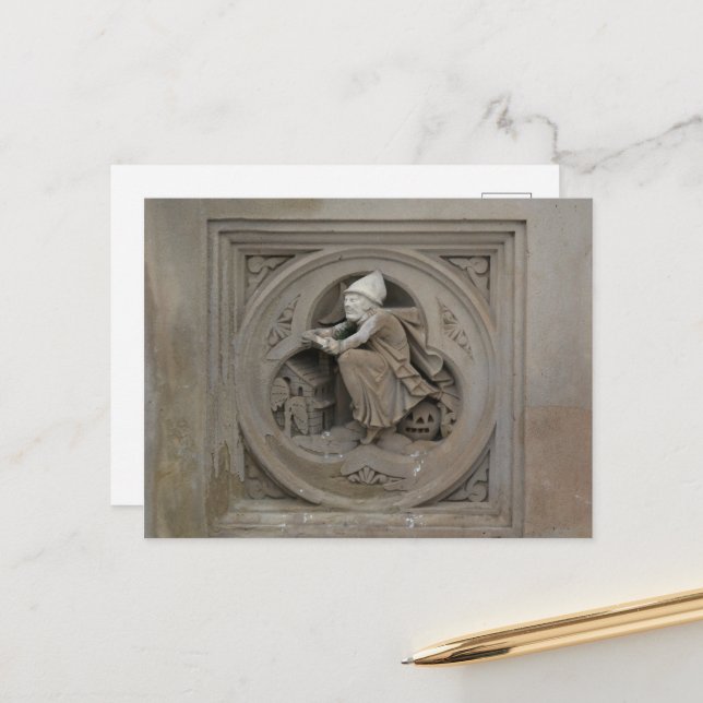 Cartão Postal Bruxa de Halloween em Broom 3d Stone com Foto (Frente/Verso In Situ)