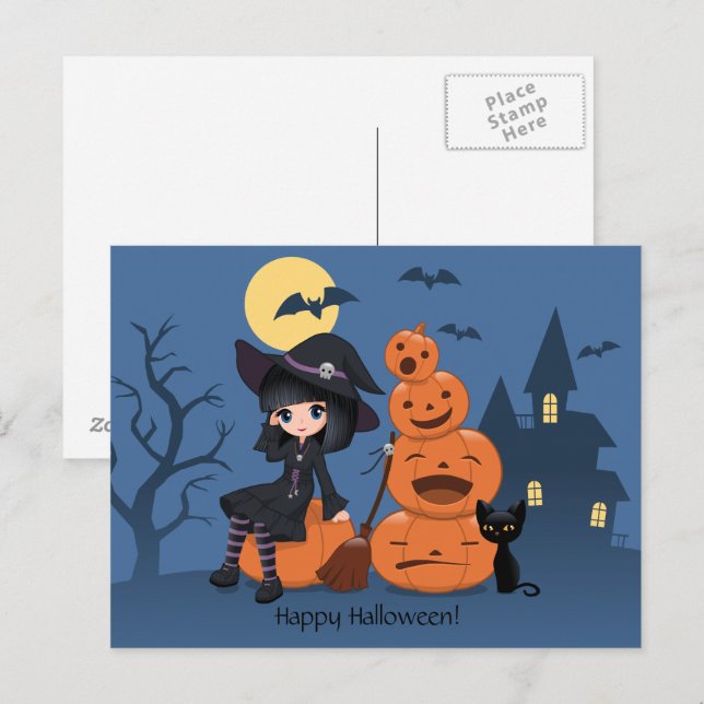Cartão Postal Bruxa de Halloween, Gato Negro e Abóboras (Frente/Verso)