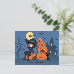 Cartão Postal Bruxa de Halloween, Gato Negro e Abóboras