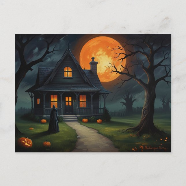 Cartão Postal Bruxa de Halloween Haunted House (Frente)