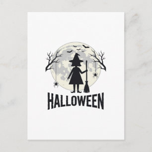 Cartão Postal Bruxa de Halloween Lua Desenho de Gravura Vintage_