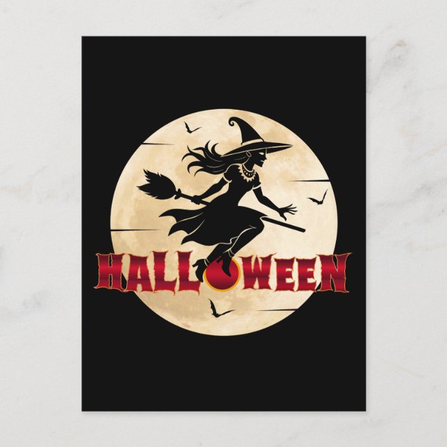 Cartão Postal Bruxa de Halloween na Vassoura (Frente)