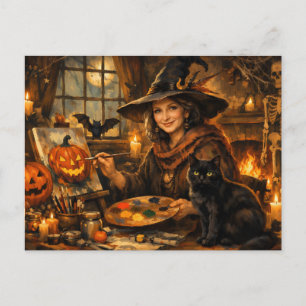 Cartão Postal Bruxa de Halloween Pintando Abóbora