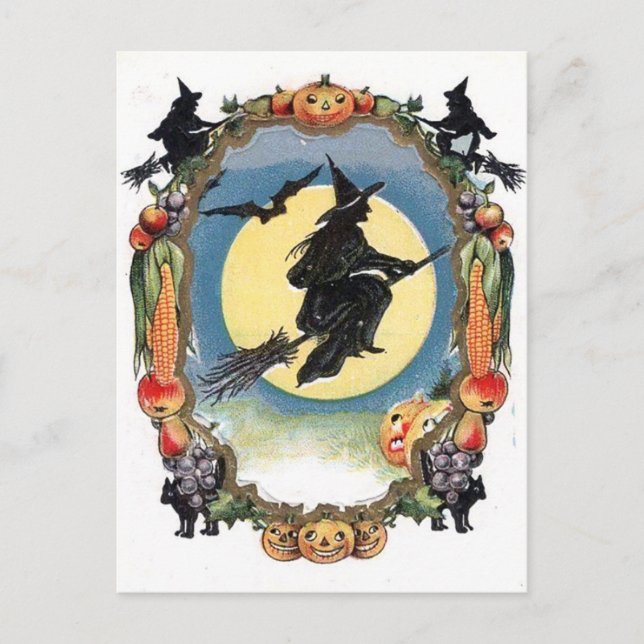 Cartão Postal Bruxa de Halloween sobre a Lua (Frente)
