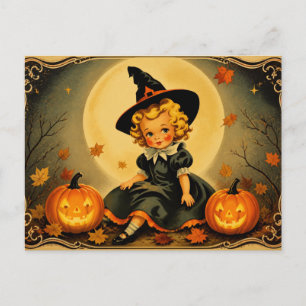 Cartão Postal Bruxa de Halloween Vintage e Menina com Abóbora P