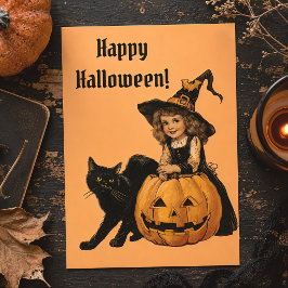 Cartão Postal Bruxa de Halloween Vintage Gato Preto & Abóbora