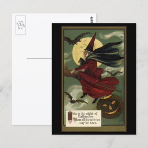 Cartão Postal Bruxa de Halloween Vintage Montada em Cabo de Vass