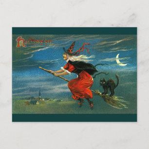 Cartão Postal Bruxa de Halloween voadora com Gato