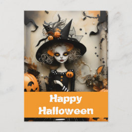 Cartão Postal bruxa do Halloween com abóboras