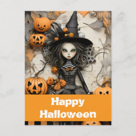 Cartão Postal bruxa do Halloween com abóboras