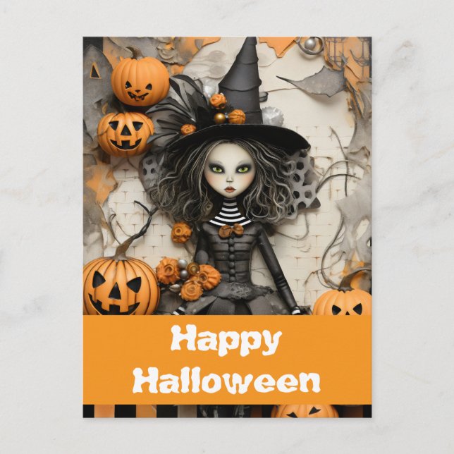 Cartão Postal bruxa do Halloween com abóboras (Frente)
