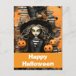 Cartão Postal bruxa do Halloween com abóboras