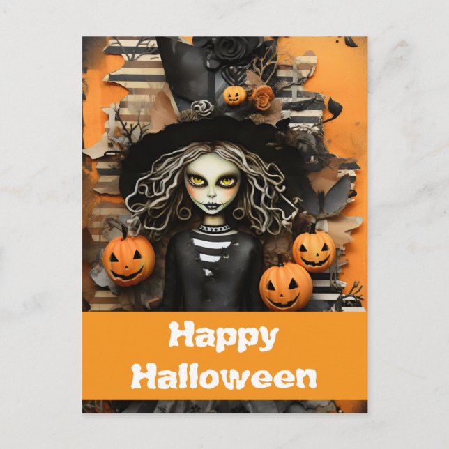 Cartão Postal bruxa do Halloween com abóboras (Frente)