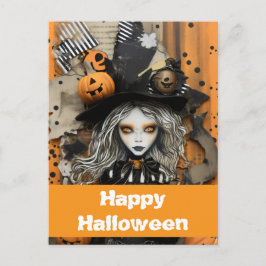 Cartão Postal bruxa do Halloween com abóboras