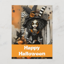 Cartão Postal bruxa do Halloween com abóboras