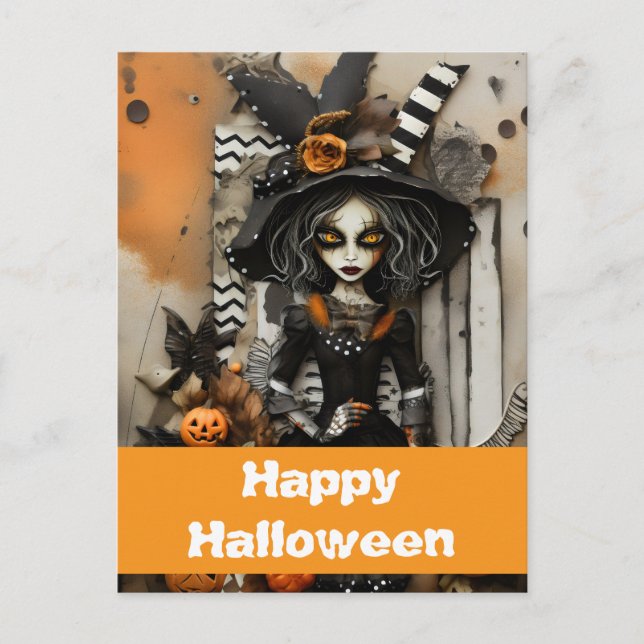 Cartão Postal bruxa do Halloween com abóboras (Frente)