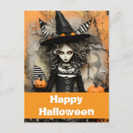 Cartão Postal bruxa do Halloween com abóboras