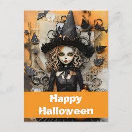 Cartão Postal bruxa do Halloween com abóboras