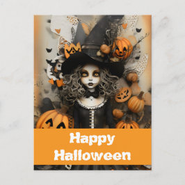 Cartão Postal bruxa do Halloween com abóboras