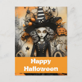 Cartão Postal bruxa do Halloween com abóboras