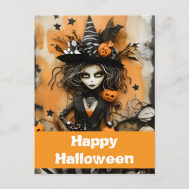 Cartão Postal bruxa do Halloween com abóboras