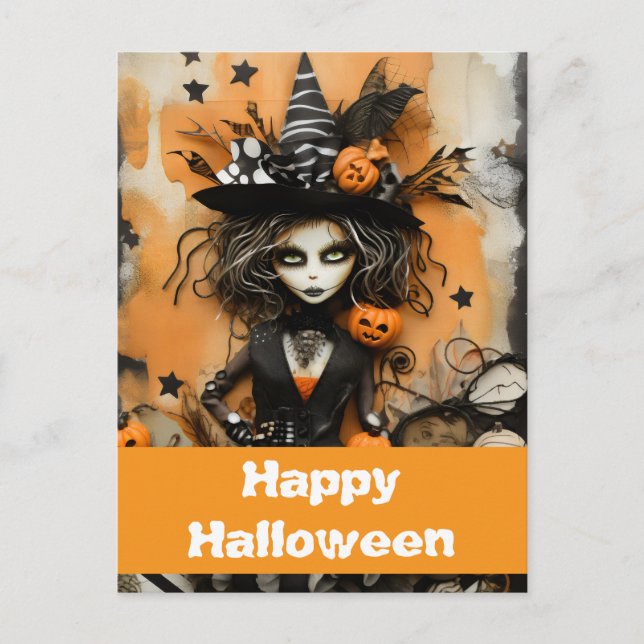 Cartão Postal bruxa do Halloween com abóboras (Frente)