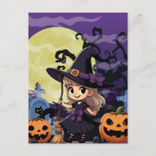 Cartão Postal Bruxa do Halloween de Anime Fofo