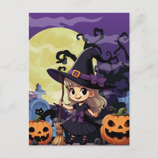 Cartão Postal Bruxa do Halloween de Anime Fofo (Frente)