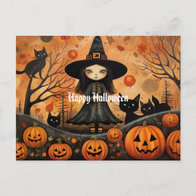 Cartão Postal Bruxa do Halloween Fofa 4  (Frente)