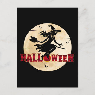 Cartão Postal Bruxa do Halloween na Vassoura