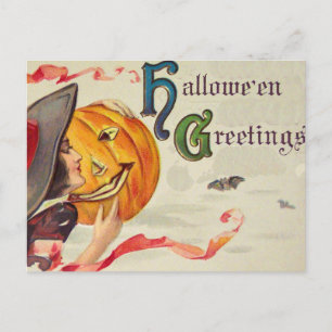 Cartão Postal Bruxa e Abóbora (Cartão de Vintage Halloween)