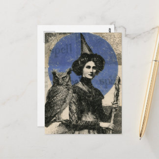 Cartão Postal Bruxa e Coruja Colagem de Feitiço Retro