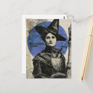 Cartão Postal Bruxa e Coruja Colagem Retro