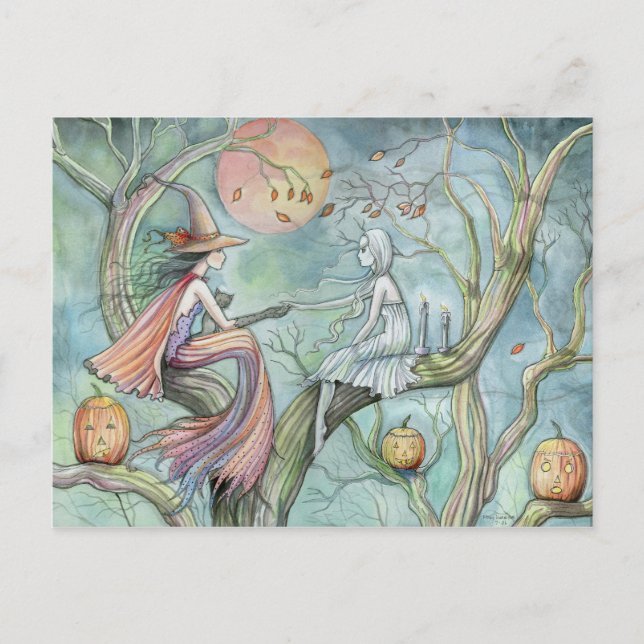 Cartão Postal Bruxa e Fantasma Postcard de Halloween (Frente)