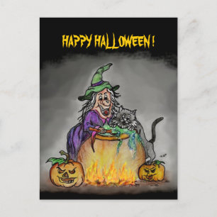 Cartão Postal Bruxa e gato, Feliz Halloween!