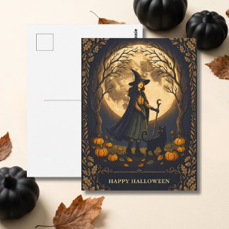 Cartão Postal Bruxa e Gato Preto no Halloween