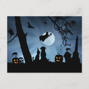 Cartão Postal Bruxa e Halloween de Cachorro e Gato