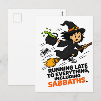 Cartão Postal Bruxa engraçada com TDAH atrasada no Halloween 