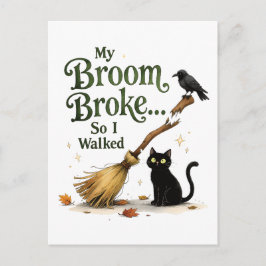 Cartão Postal Bruxa Engraçada Vassoira Quebrada Gato Preto Hallo