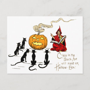 Cartão Postal Bruxa Ensinando Gato Preto Abóbora de Halloween